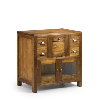 Mueble baño 4 cajones + 2 puertas cristal + 1 puerta abatible. Madera mindi y accesorios bronce. 75 x 50 x 75 - Imagen 1