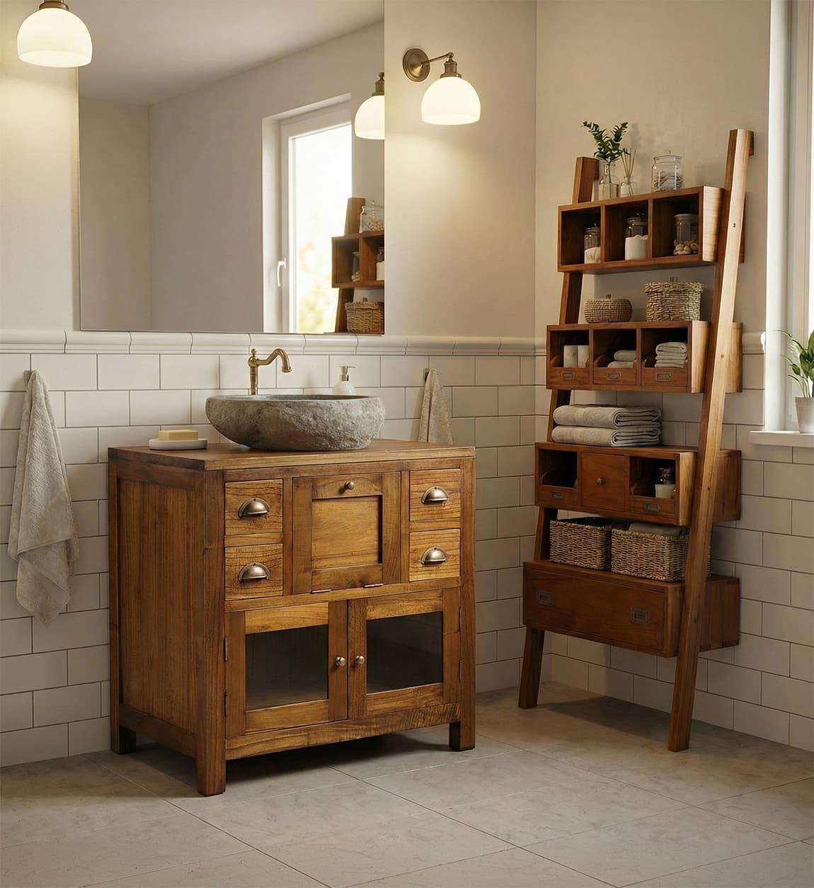 Mueble baño 4 cajones + 2 puertas cristal + 1 puerta abatible madera mindi y accesorios bronce. - Imagen 3