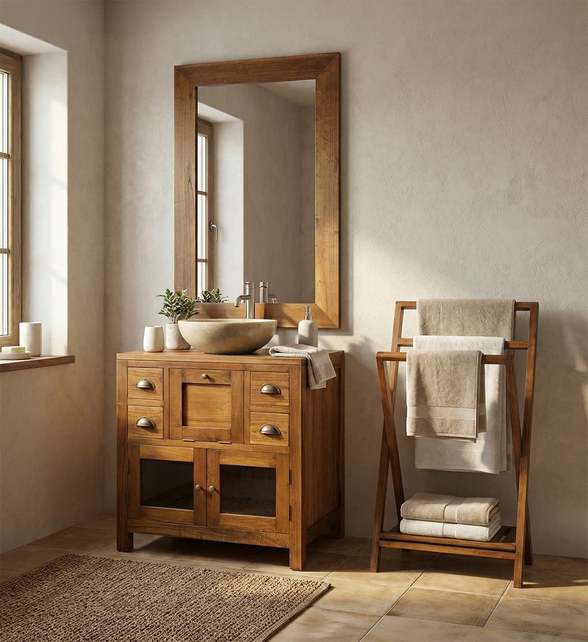 Mueble baño 4 cajones + 2 puertas cristal + 1 puerta abatible madera mindi y accesorios bronce. - Imagen 4